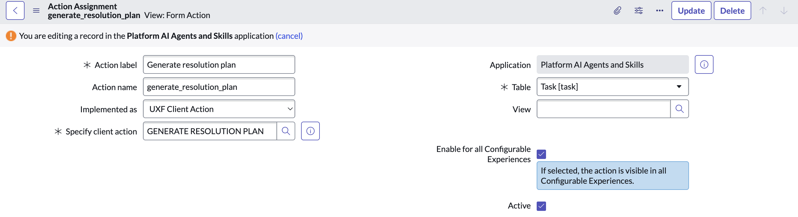 The Action Assignment record for the Generate resolution plan declarative action with active set to true