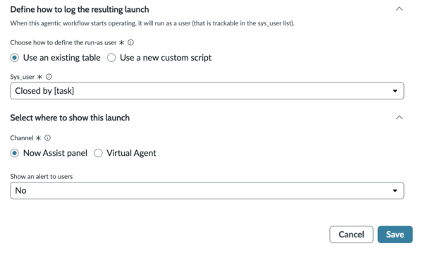 Log and launch options for a trigger section