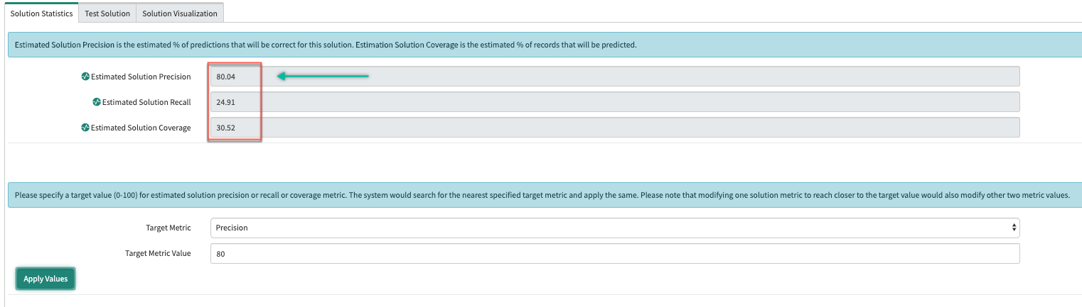 This image shows you the estimated precision, recall, and coverage values the system assigned to the solution based on your Precision input value of 80%.