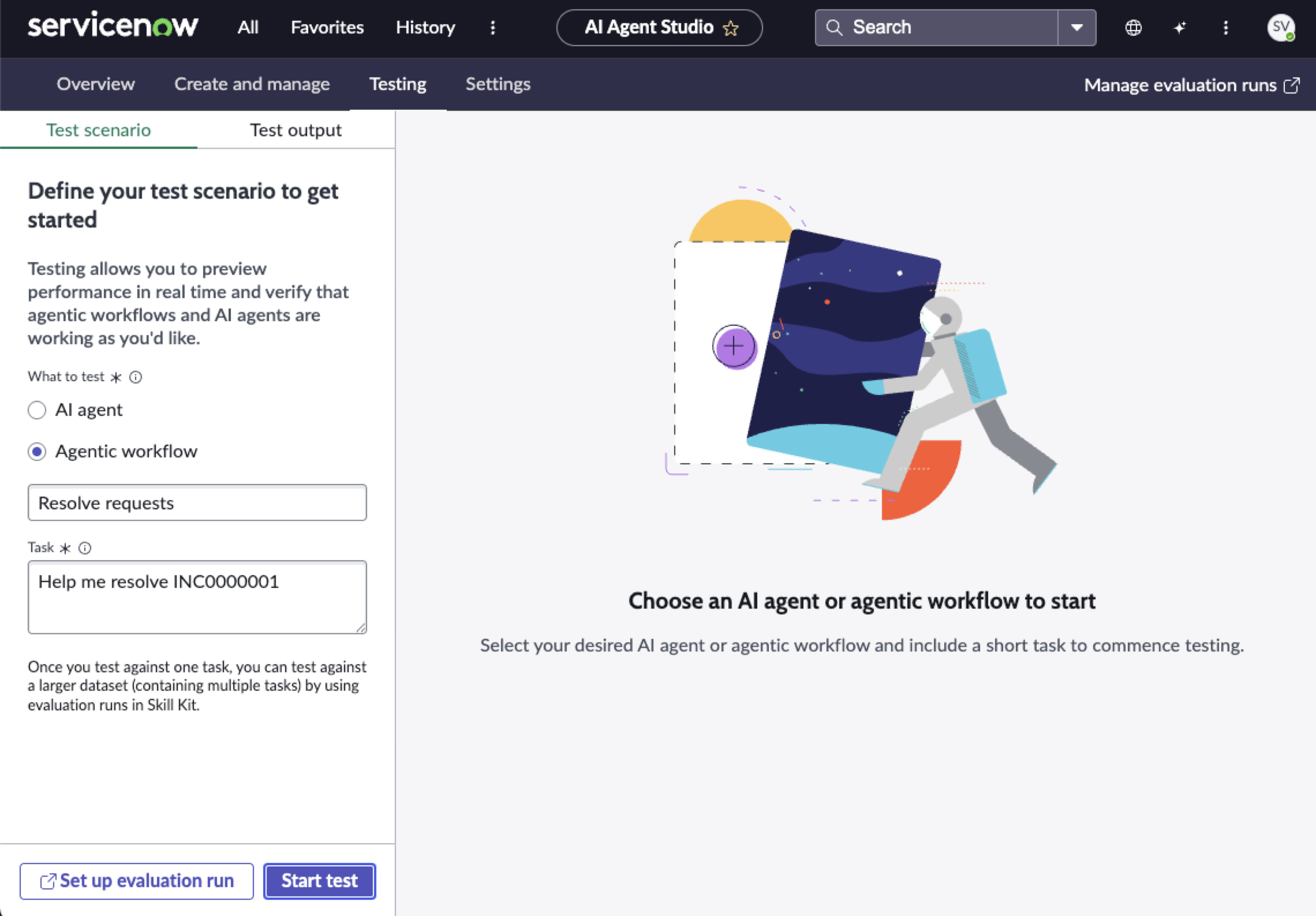 AI Agent Studio testing page.