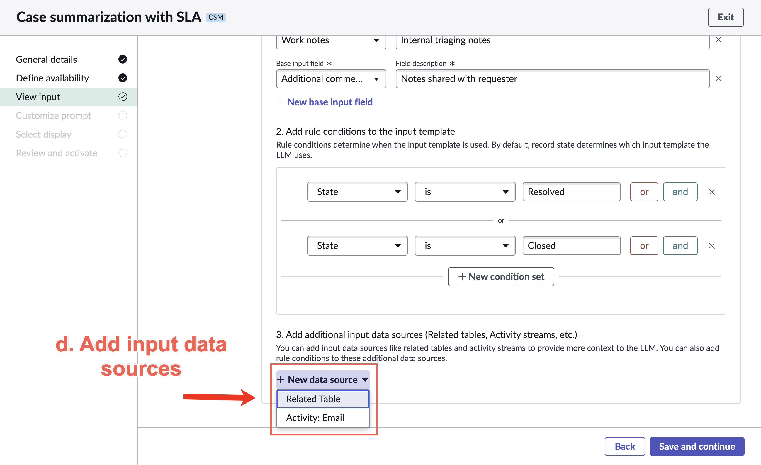 Add additional input data sources such as related tables and activity fields.