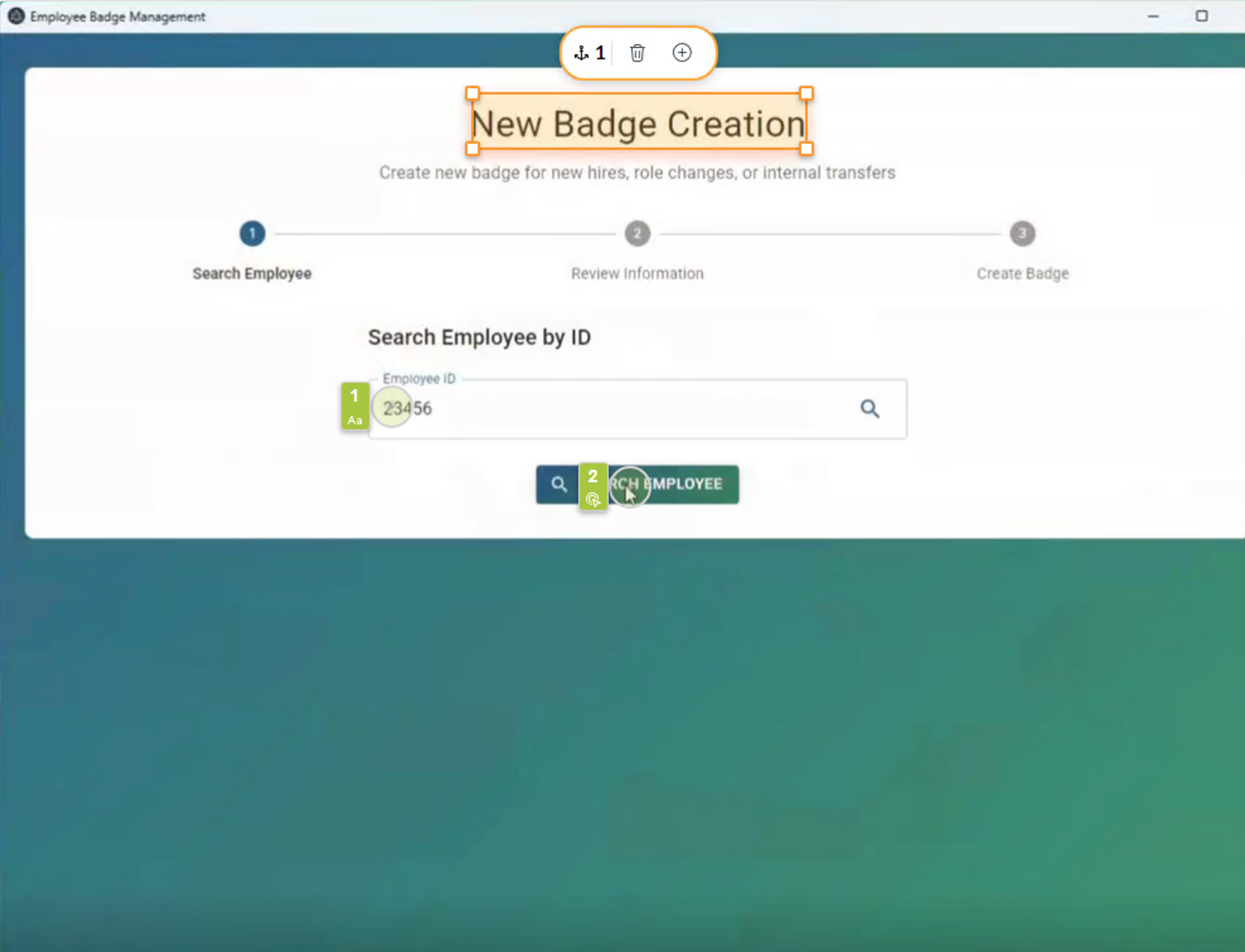 Displaying option for searching employee ID in the Employee Badge Management app.