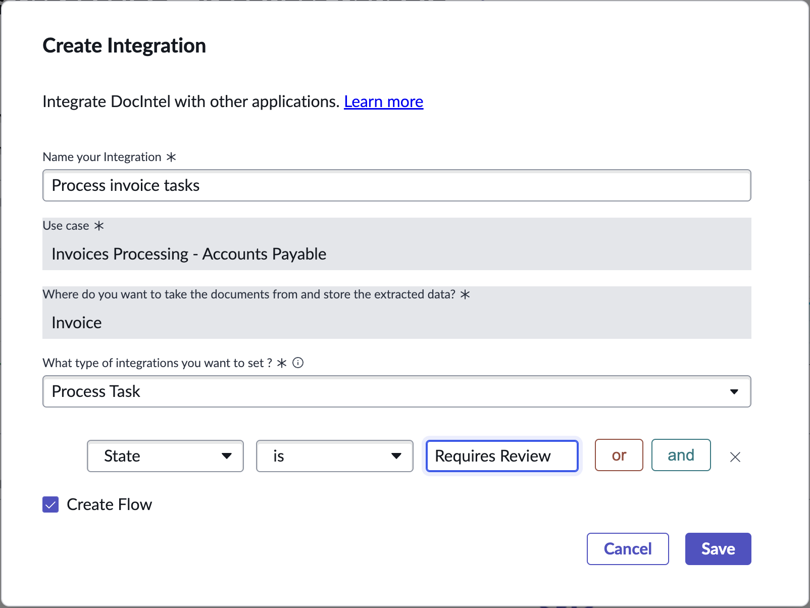 New integration record with conditions.