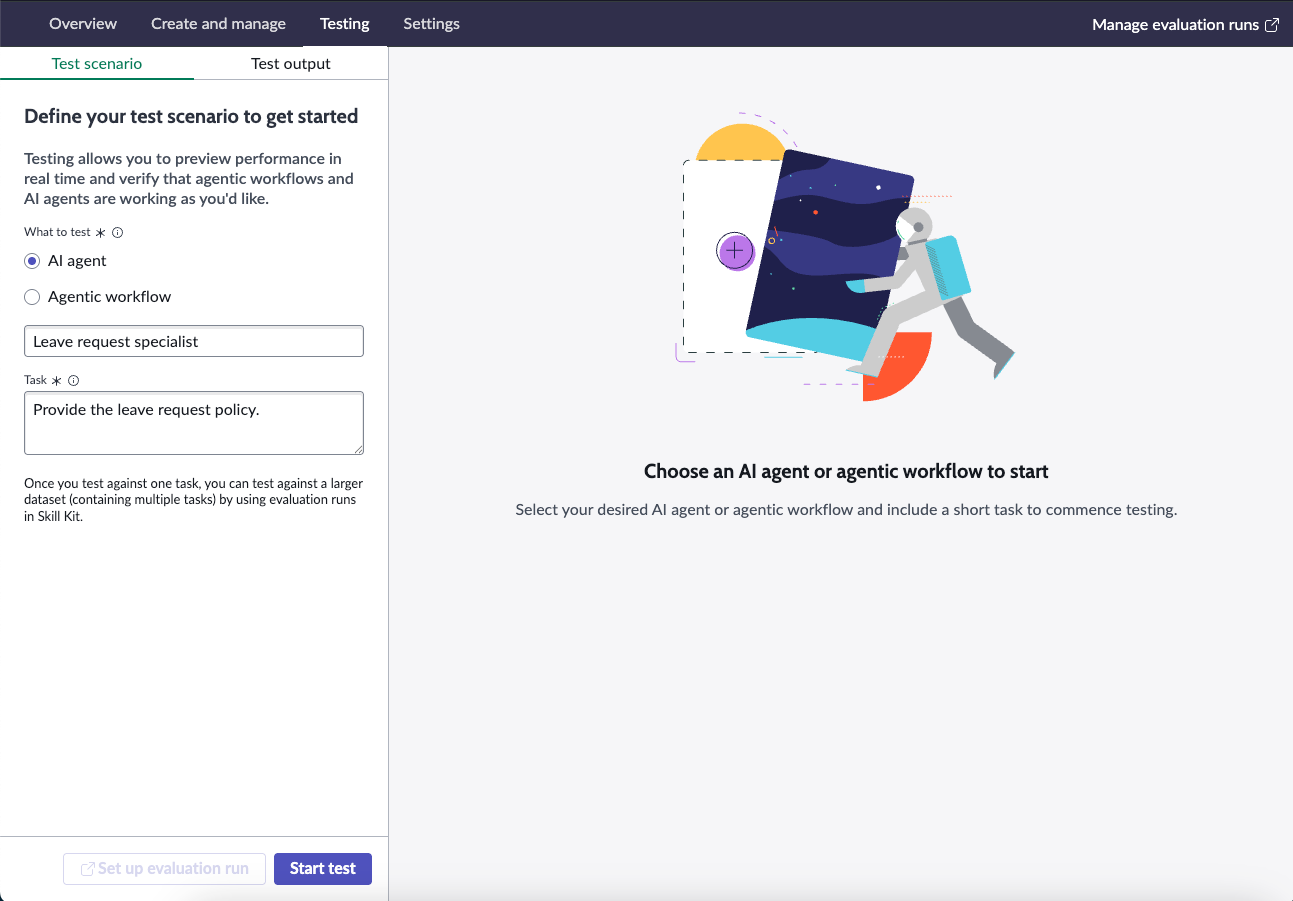 Selecting an AI agent for testing in AI Agent Studio.