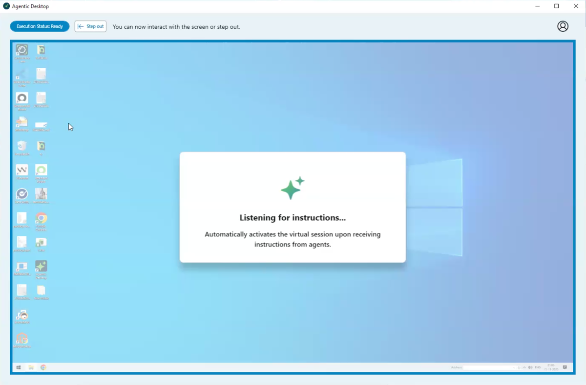 Agentic Desktop Execution workspace displaying "Listening for instructions" message for desktop session activation.
