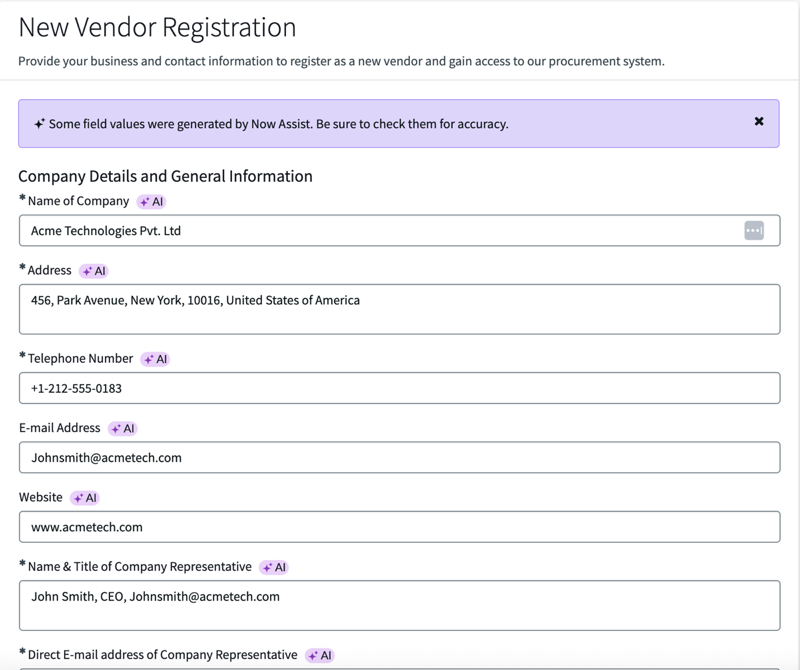 New vendor registration form filled.