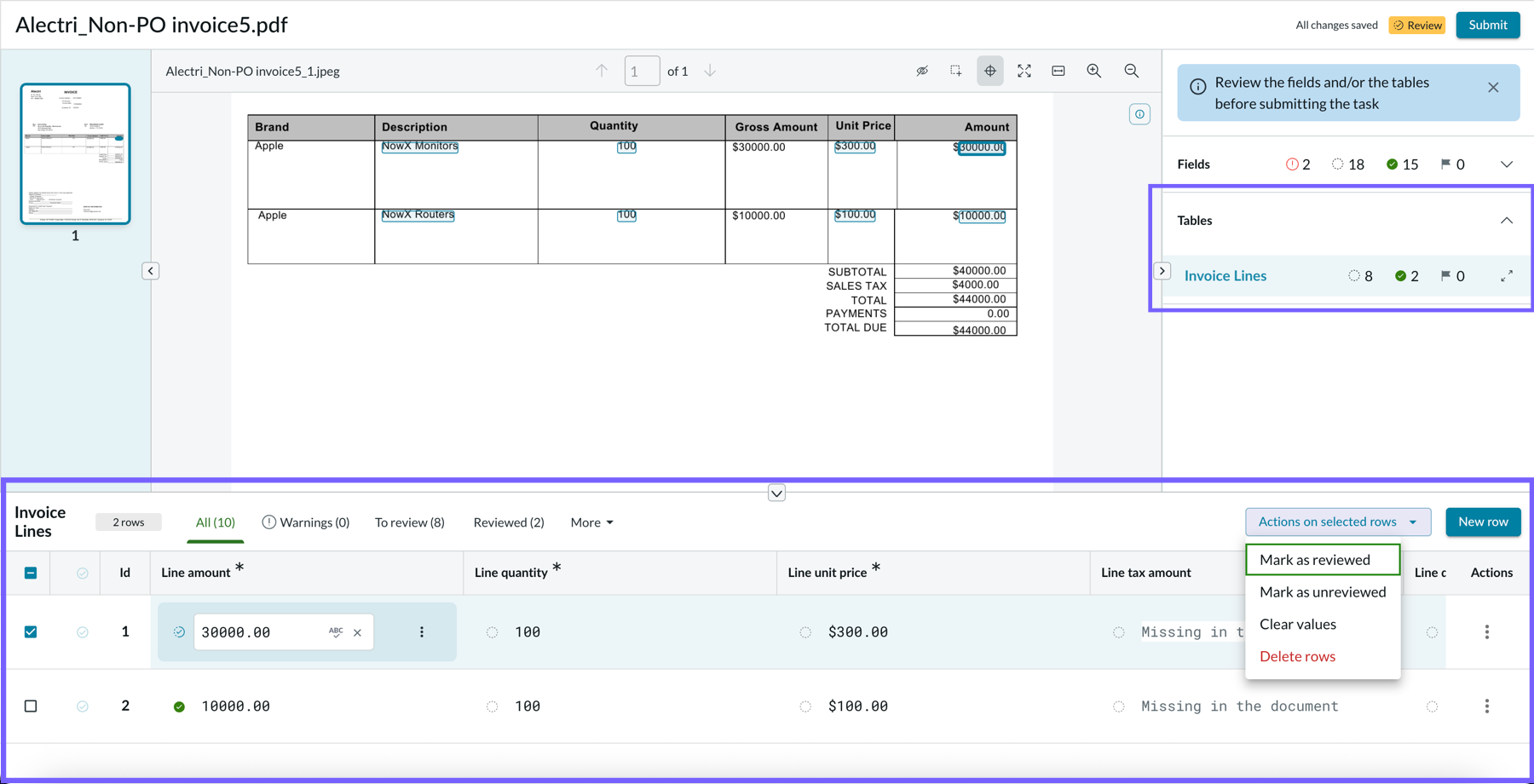 Table panel in the Document Intelligence workspace.