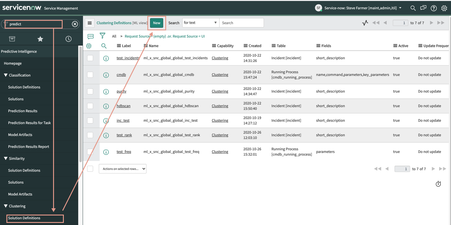 The Predictive Intelligence navigation path to the Clustering Definitions list view where you create a new clustering solution definition.