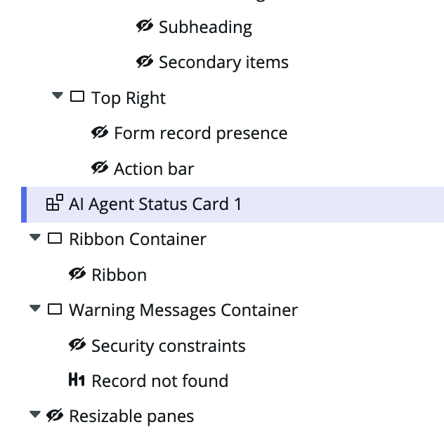The content pane with an AI Agent Status Card component before the Ribbon Container