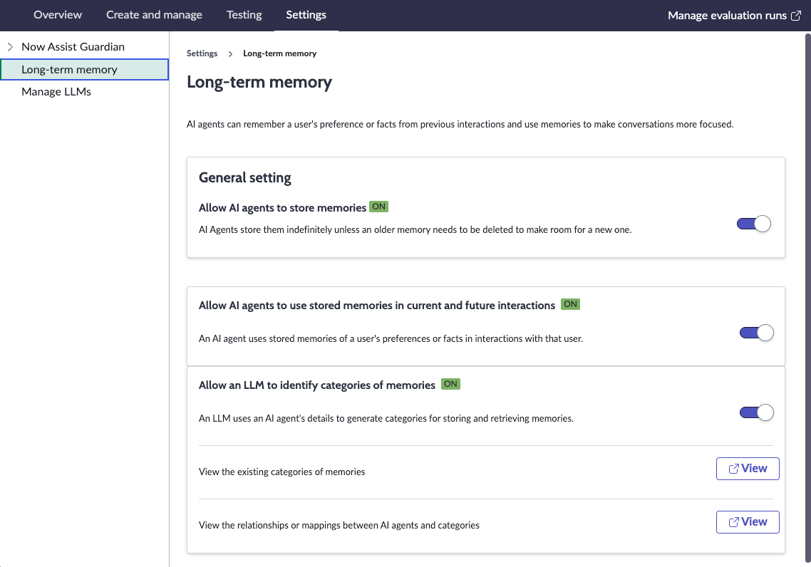 The Long-term memory settings page from AI Agent Studio.