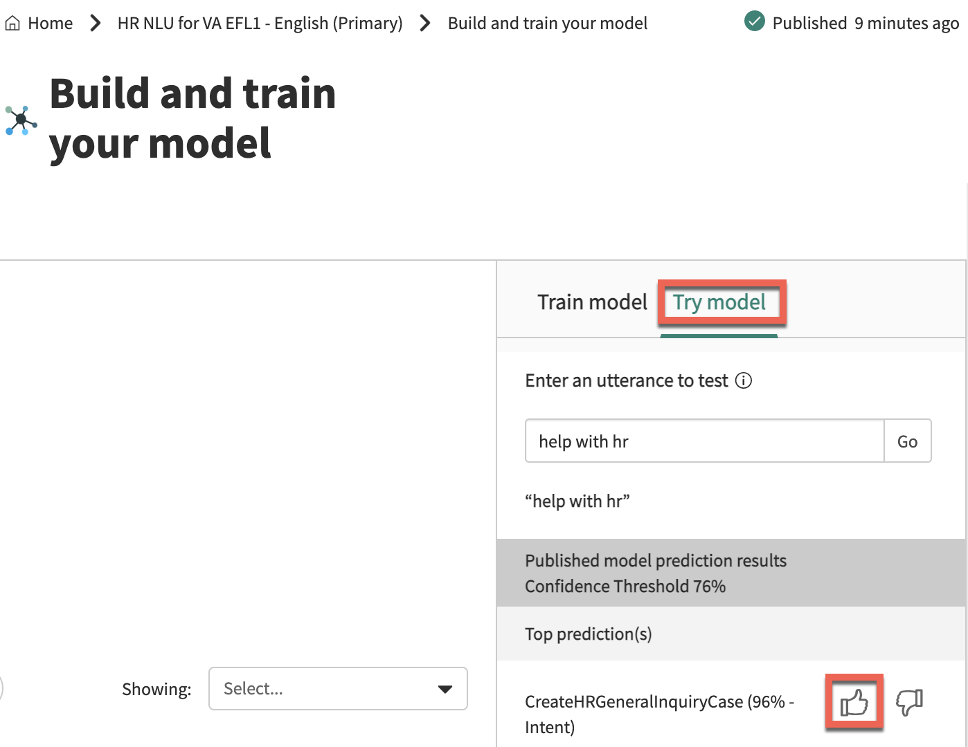 How to use the Try model panel to test for the top intent prediction results