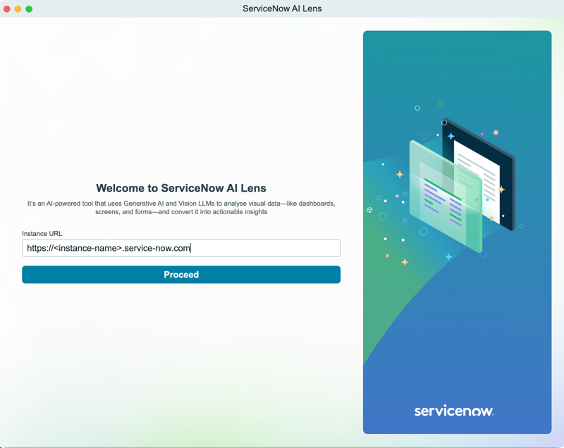 ServiceNow AI Lens login screen as a standalone application.