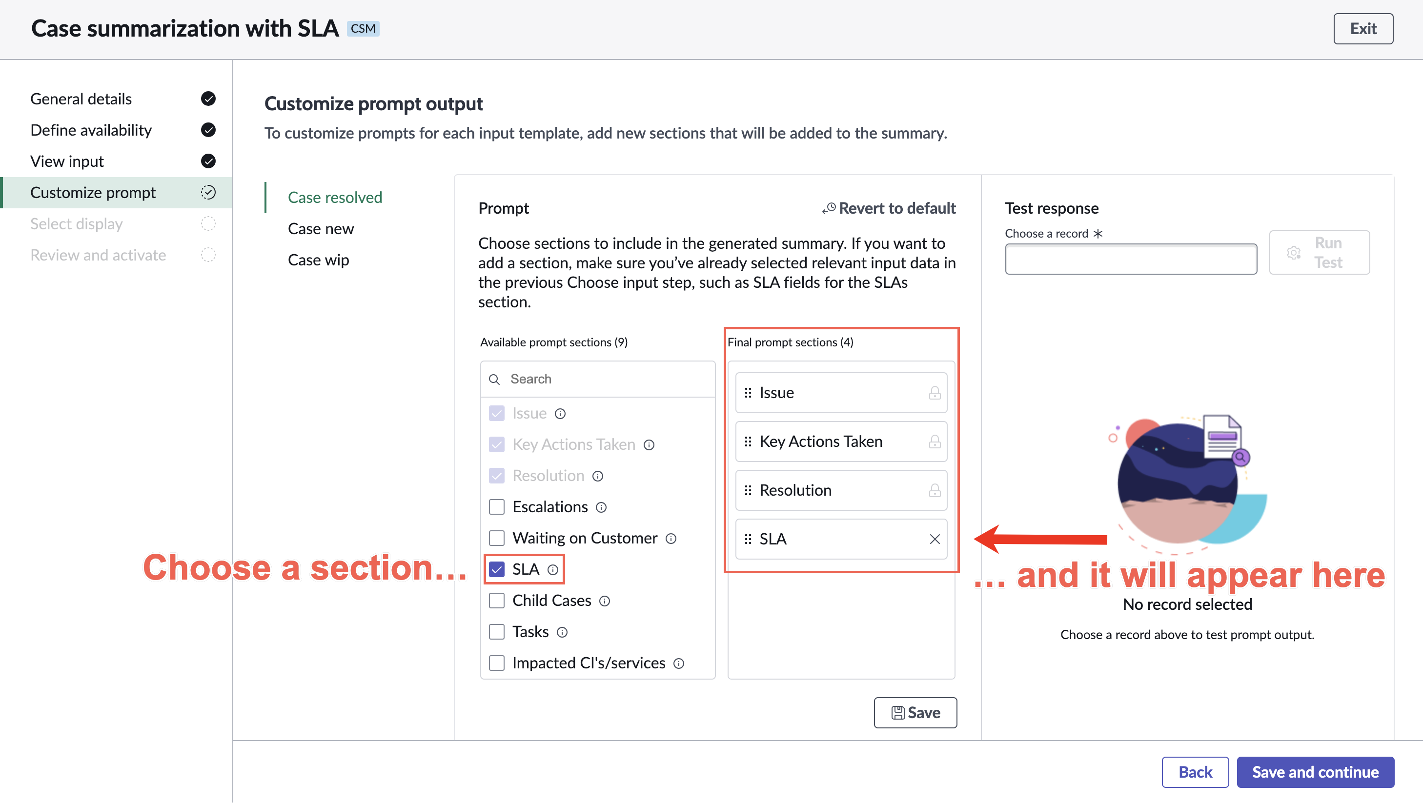 Add prompt output sections to the summary. The SLA has been added here.