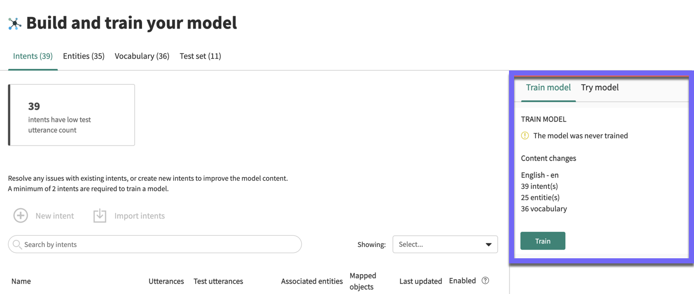 The Build and train your model phase view with the Train and try panel highlighted.
