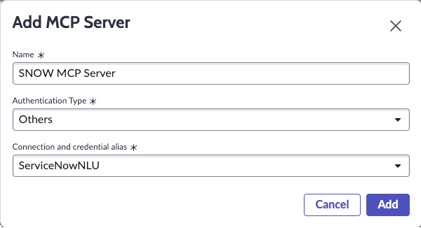 Adding an MCP Server in AI Agent Studio with a Connection and credential alias record.