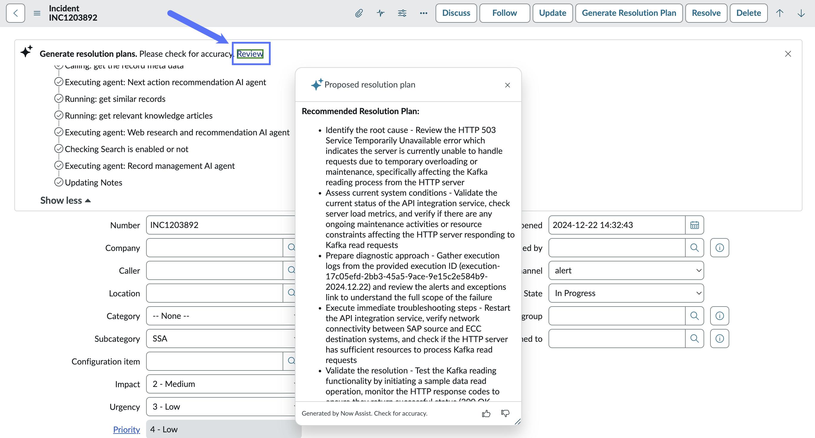 Complete agentic workflow with review button highlighted and modal displayed in UI16