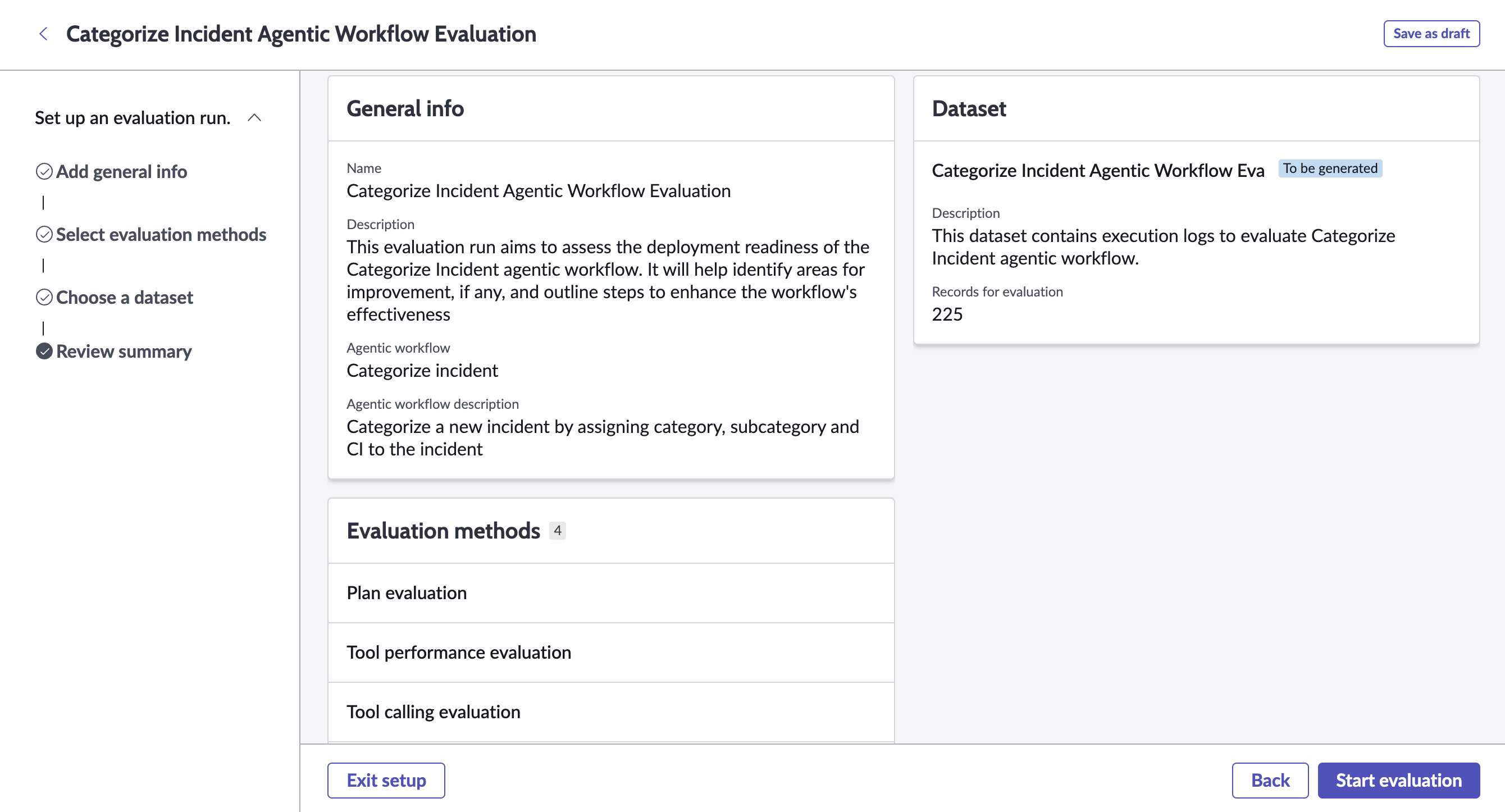 Categorize Incident Agentic Evaluation review page of the guided setup.