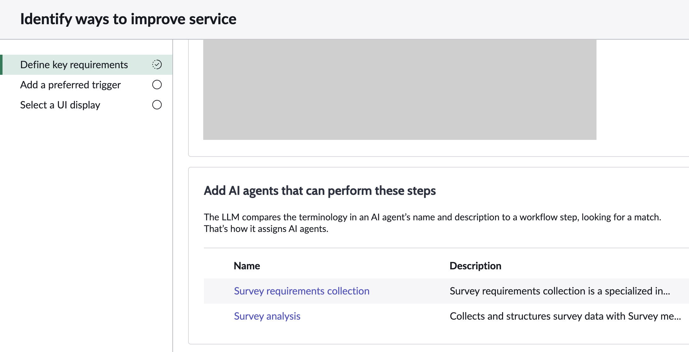 Identify ways to improve service agentic workflow in the first step of the guided setup in AI Agent Studio screen.