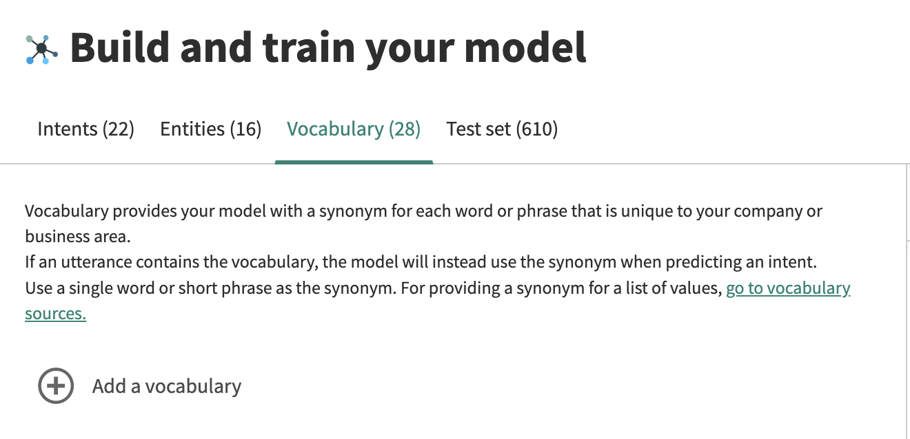 Add a vocabulary button in the Vocabulary tab of the Manage your model content phase.