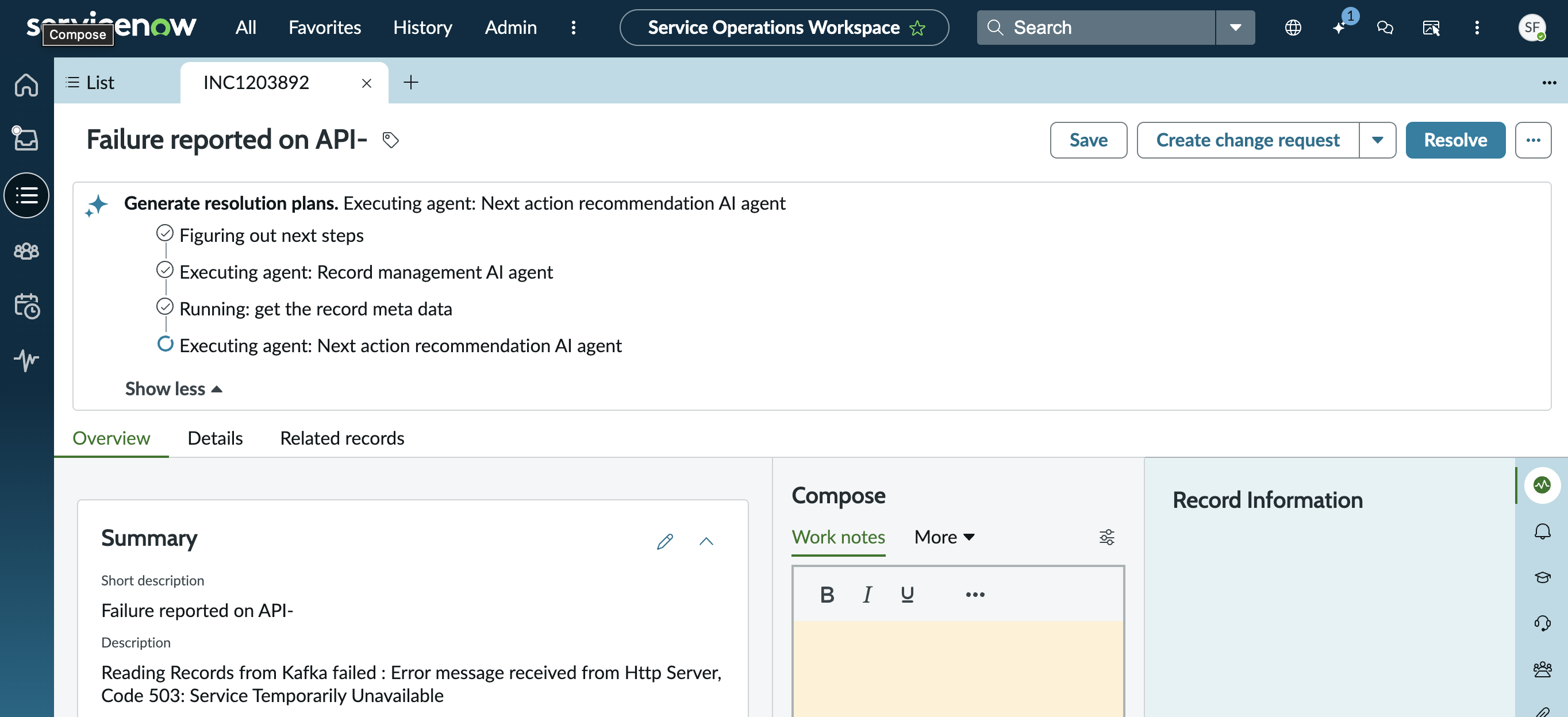 SOW with Incident open and agentic workflow execution steps at the top