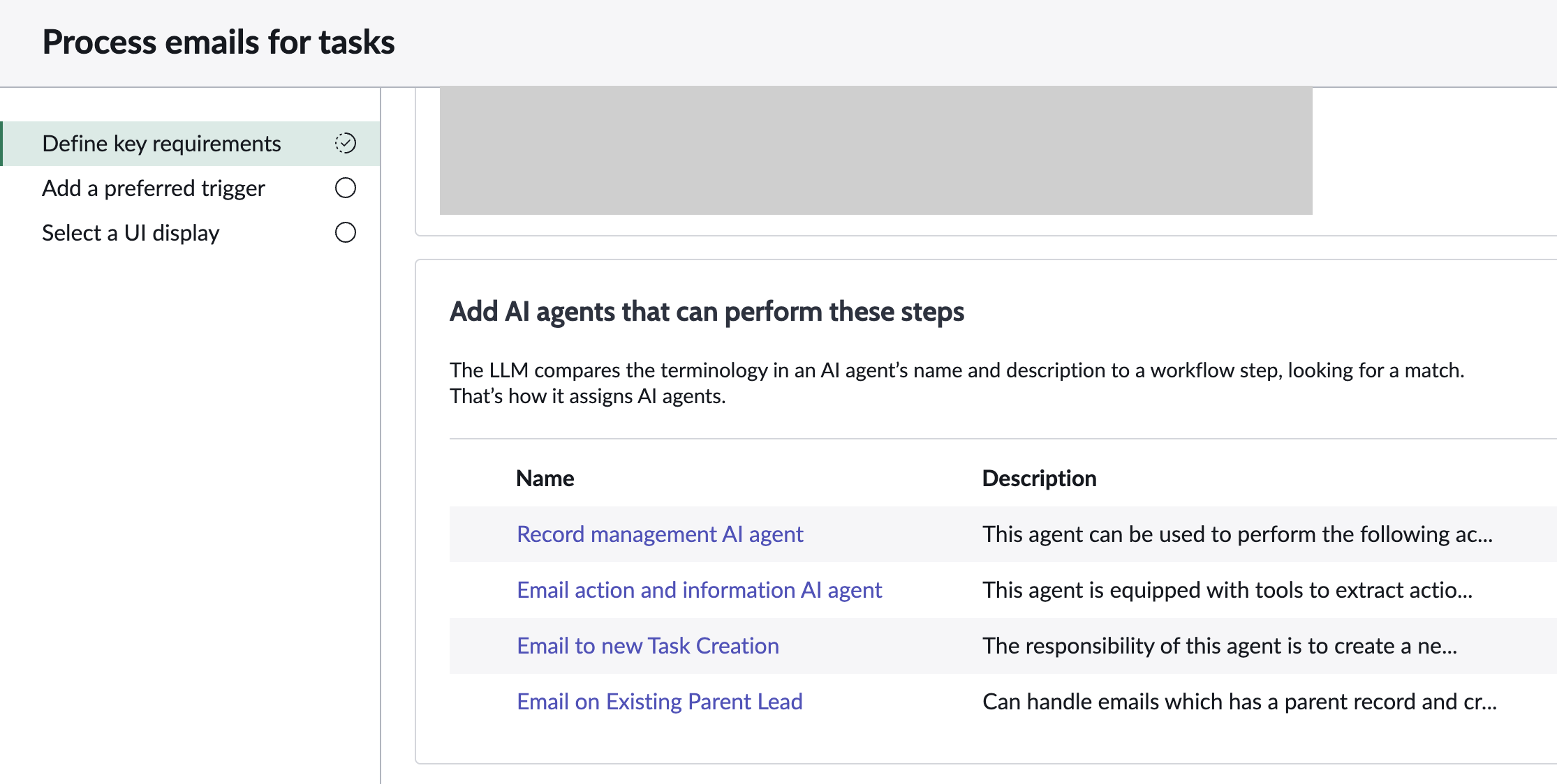 Process emails for tasks agentic workflow in the first step of the guided setup in AI Agent Studio screen.