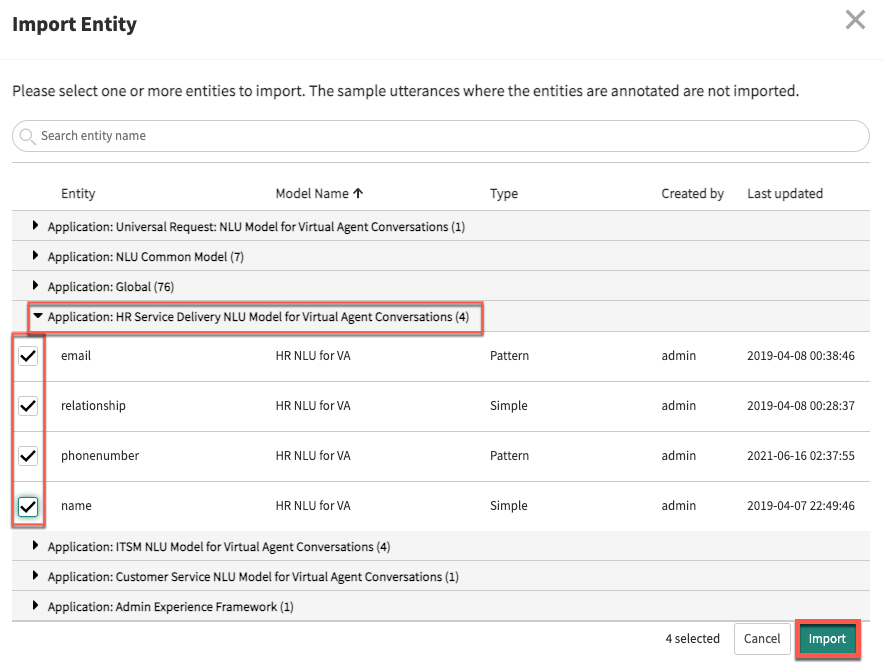 Import Entity window. The applications refer to other models.