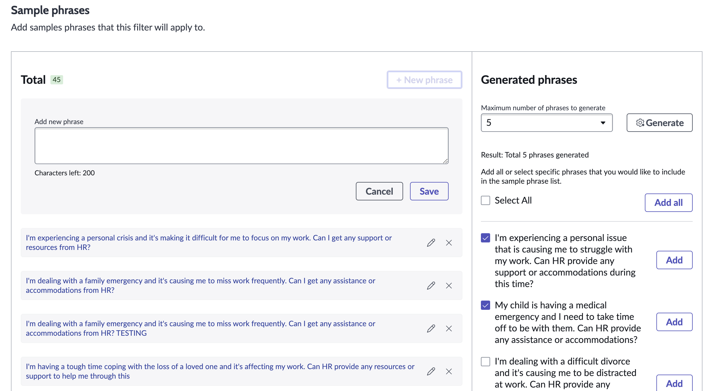 Sensitive topic filter configuration with sample phrases generated by AI and textbox available for manual sample phrase entry