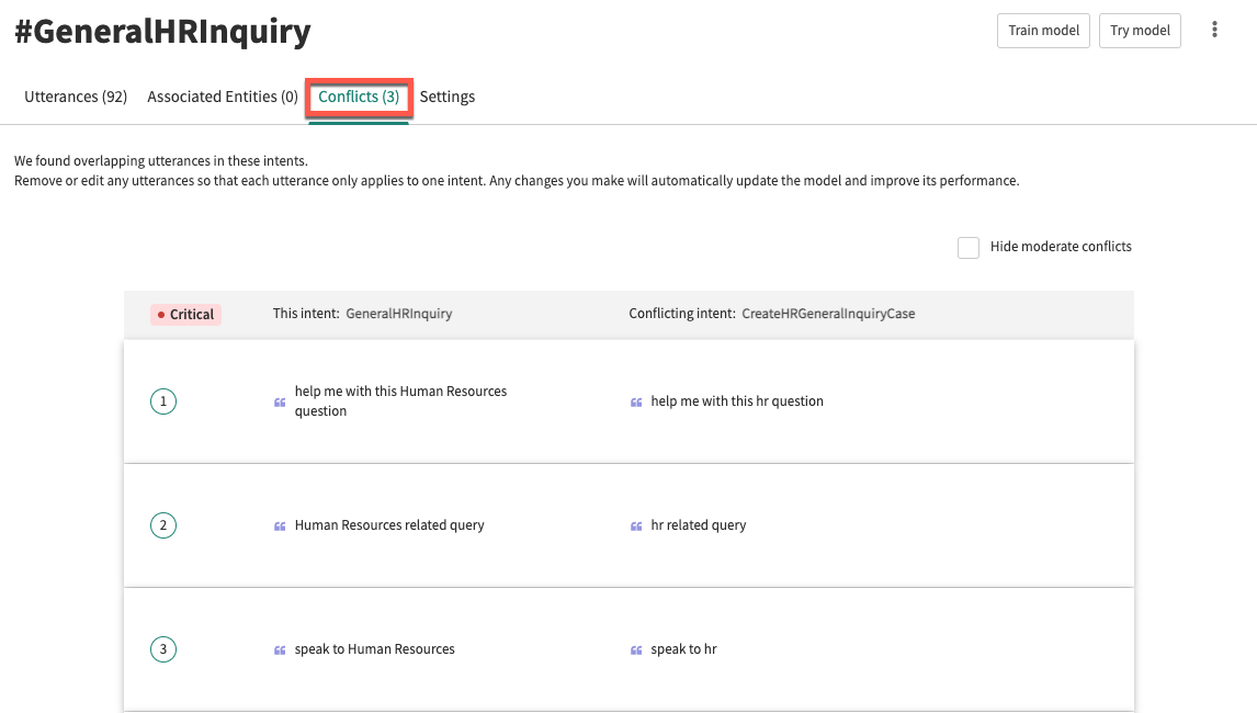Conflicts tab of an intent screen with critical conflicts. Changes made on this screen are saved automatically.