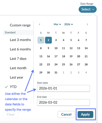 The Date Range selector is open, showing a variety of Standard date ranges. Also available is a calendar and fields for specifying a Custom range.