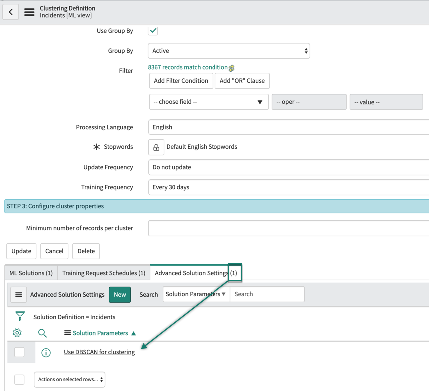 When you submit the record you created, the DBSCAN solution parameter appears on your clustering solution definition form.