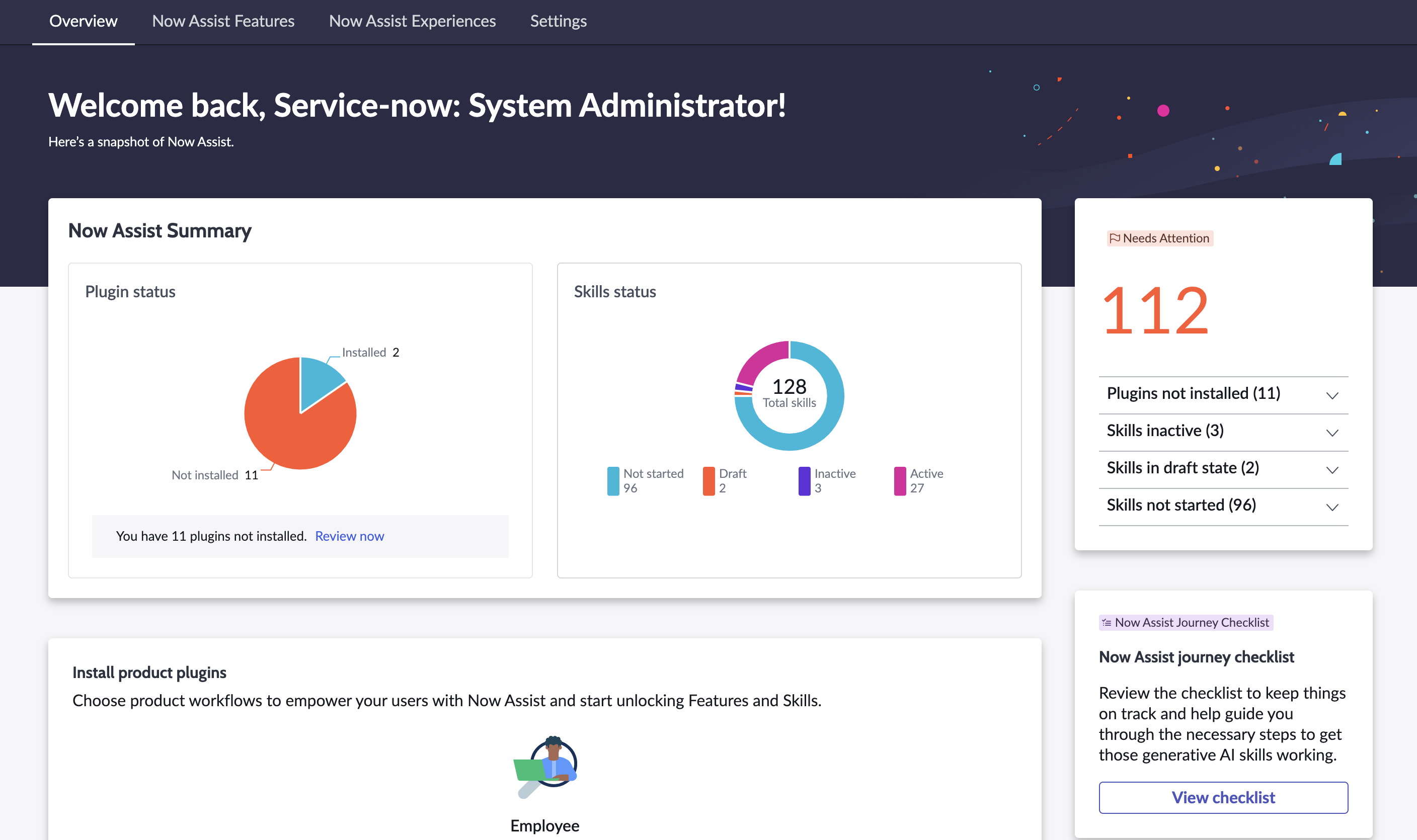 Now Assist Admin overview panel.