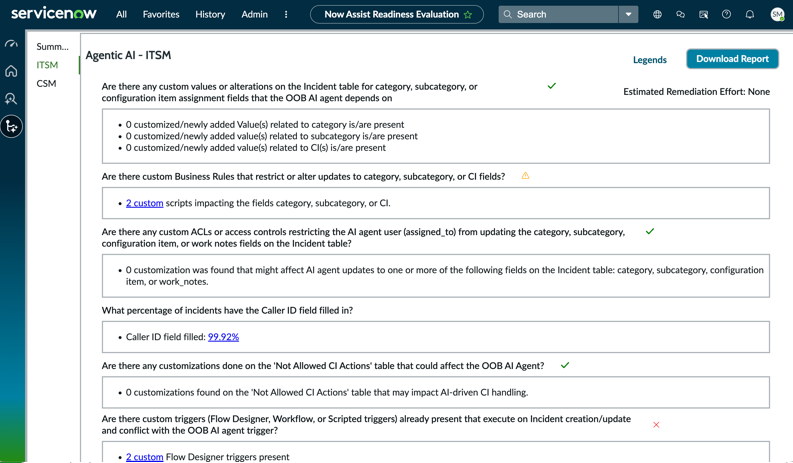 The Agentic AI - ITSM assessment is shown and includes the relevant questions and records.