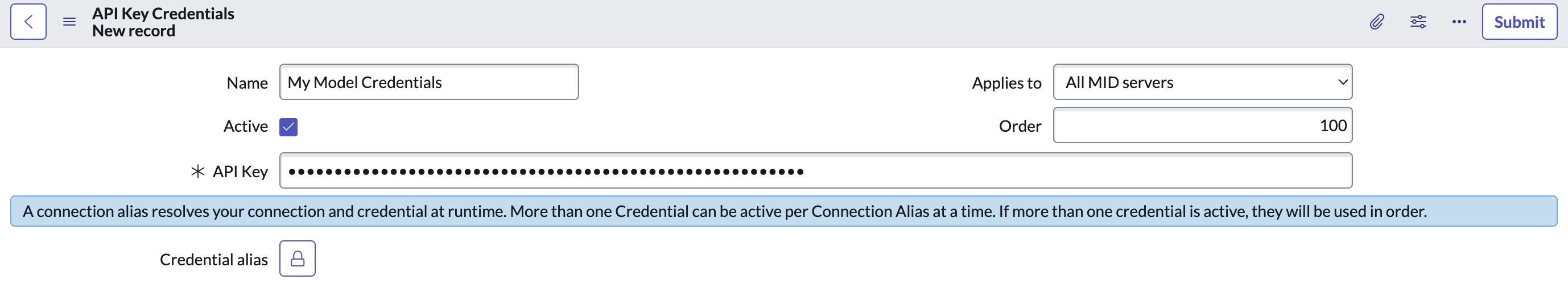 API Key Credentials form filled with name and API key.