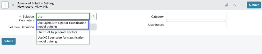In the Advanced Solution Setting new record, in the Solution Parameters field, the option Use LightGBM algo for classification model training is highlighted.
