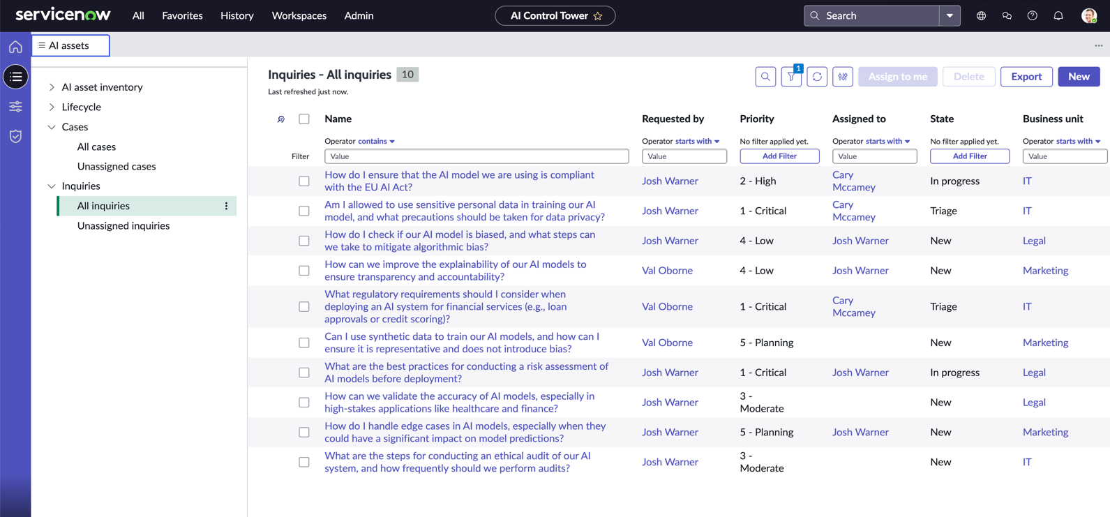Inquiries in a list view on the AI assets page.