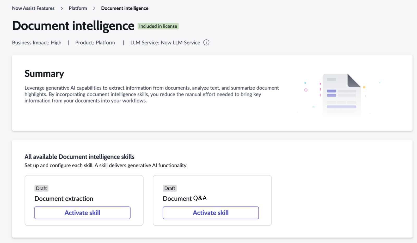 Document intelligence skills page with a summary and available skills.