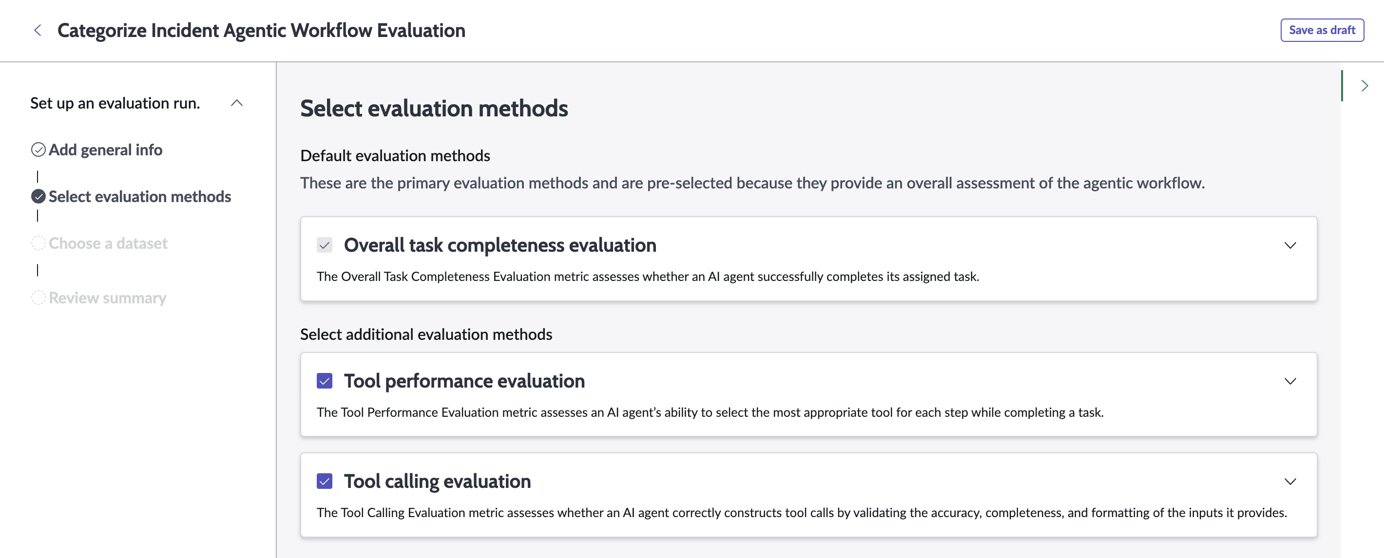 Tool performance evaluation agentic evaluation guided setup step for selecting an evaluation method with four options selected (overall task completeness, plan, tool performance, and tool calling).