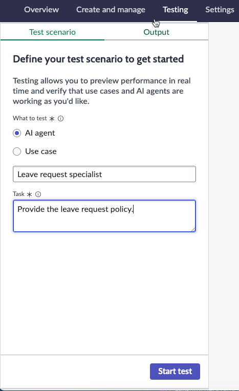 Selecting an AI agent for testing in AI Agent Studio.
