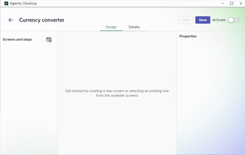 Design workspace in a state when no screenshot is captured.