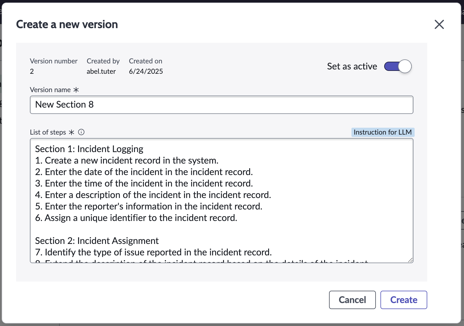 Create a new version modal