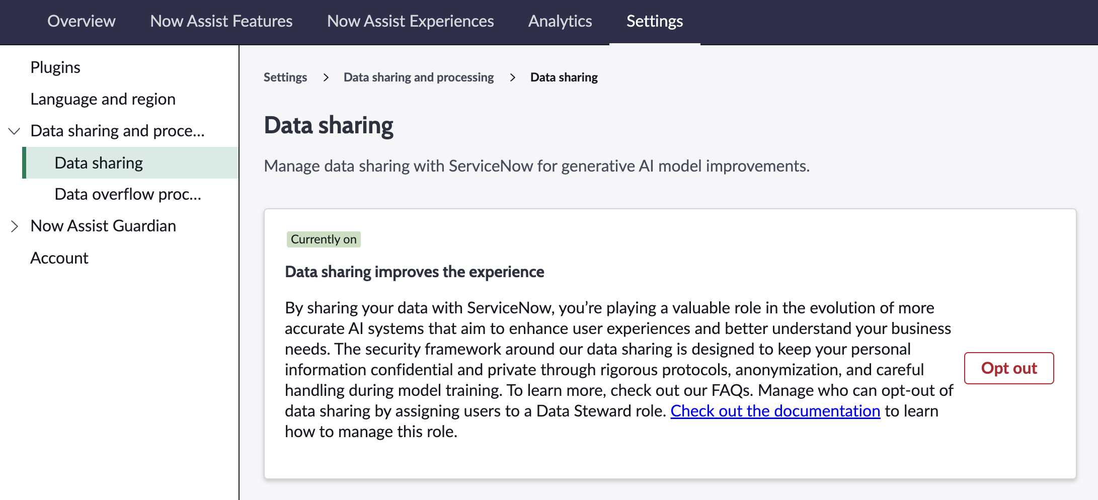 Account panel in Now Assist Admin Settings that shows the features that are included with your license. It also provides a data sharing opt-out button.