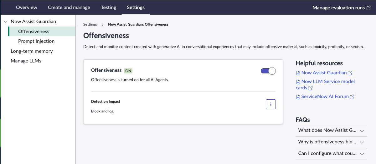 AI Agent Studio settings page.
