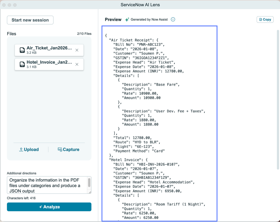 Analysis response displayed under Preview window.
