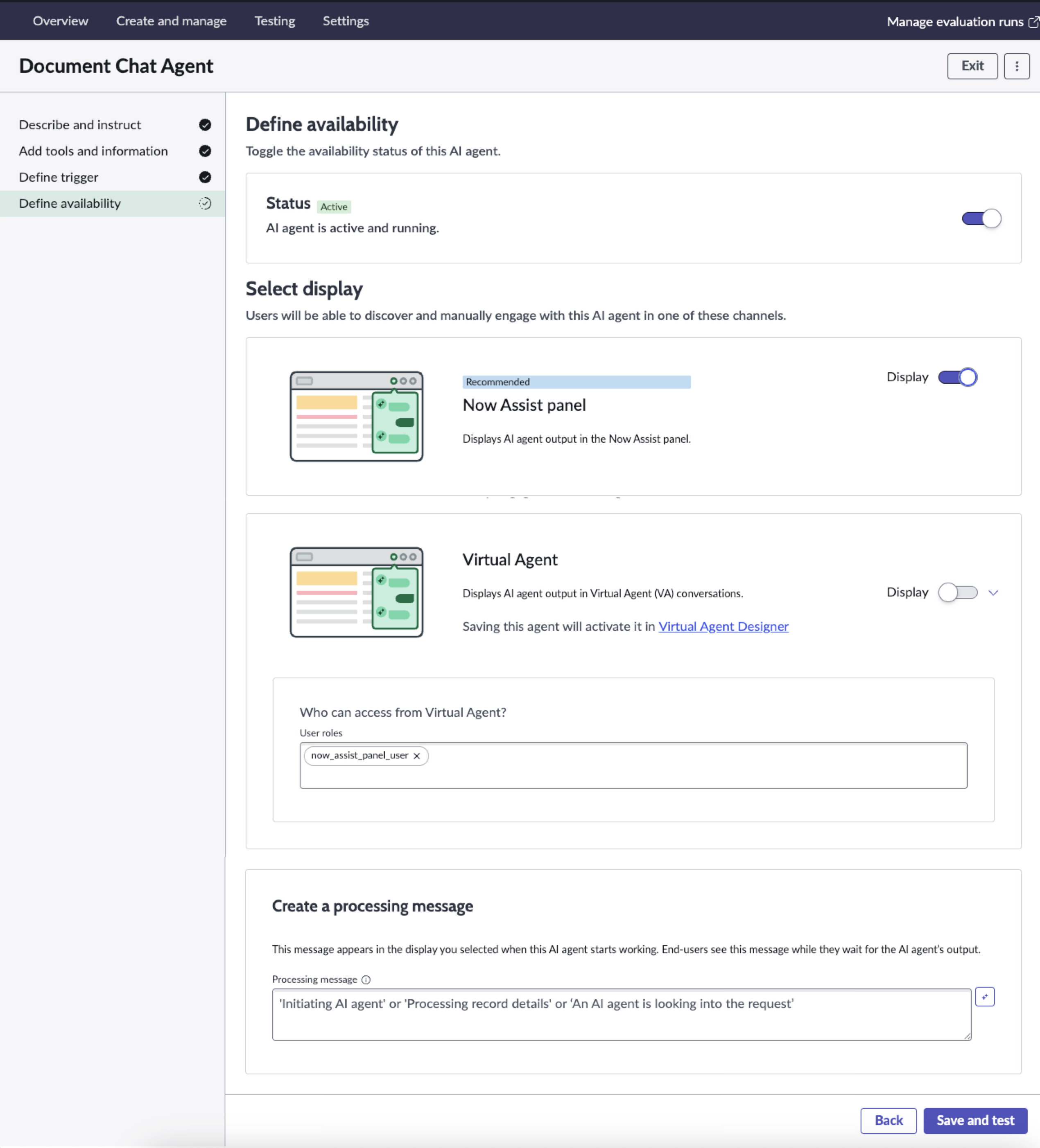Select display step in the AI agent guided setup with options for turning on the AI agent and selecting either Now Assist panel or Virtual Agent