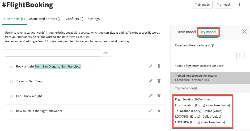 Intents details page with the test panel open. Train and try your model to assess your new entities.