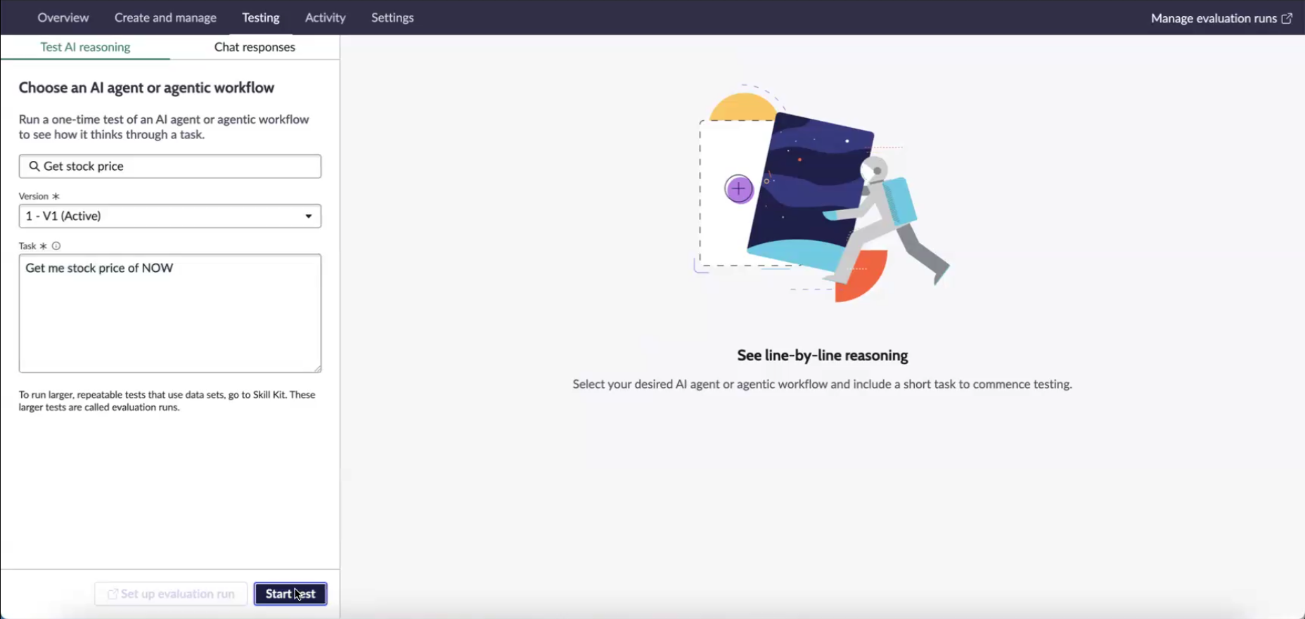 Selecting an AI agent for testing in the AI Agent Studio.
