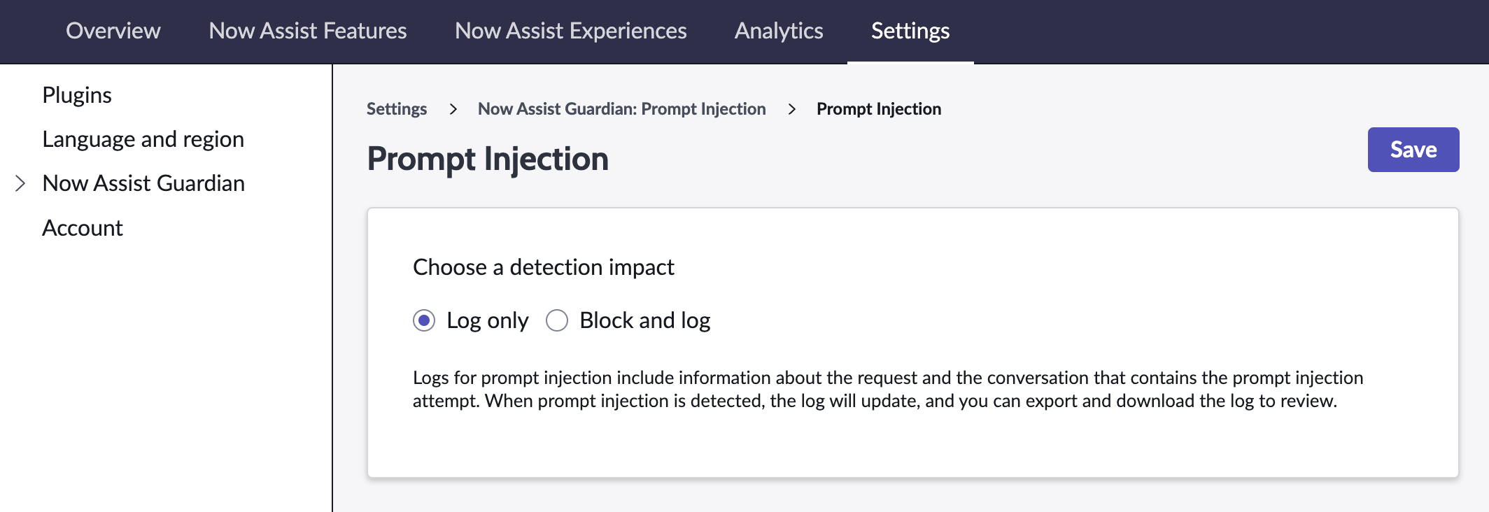 Prompt injection protection detection impact selection card with "log only" selected