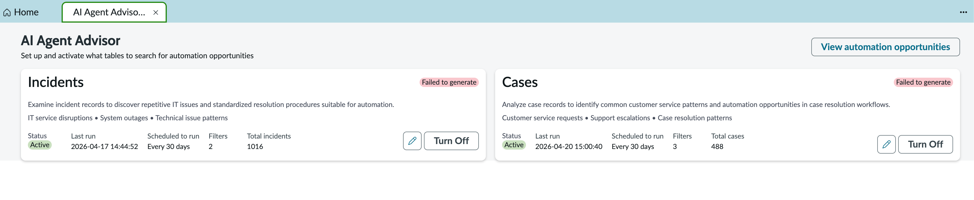 Setup-Seite für Automatisierungsmöglichkeiten, die eine Karte für jede Datenquelle anzeigt.