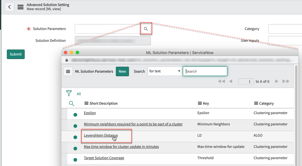 How to create the parameter record by selecting the Search button, and then selecting the Levenshtein Distance key's Short Description.