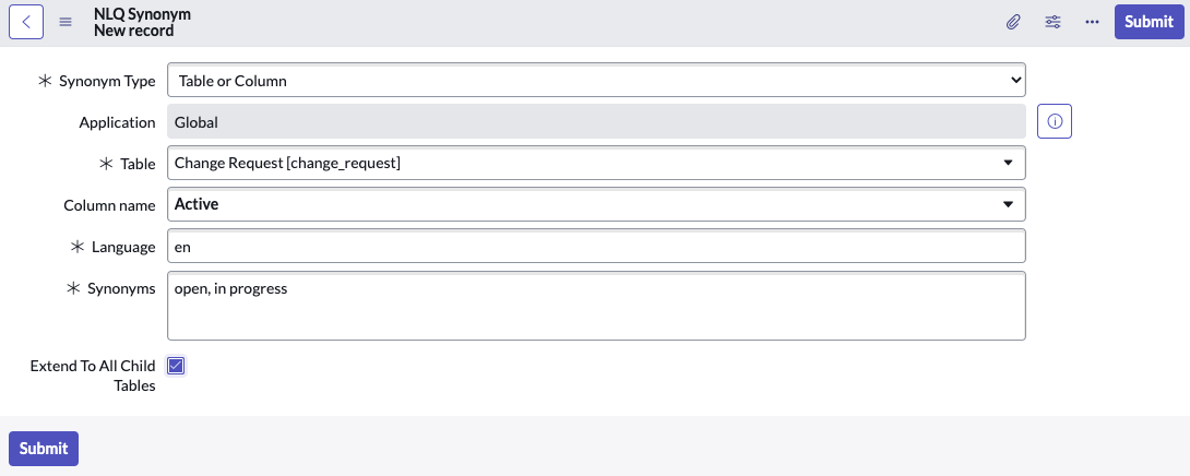 NLQ synonym record form for a column synonym.